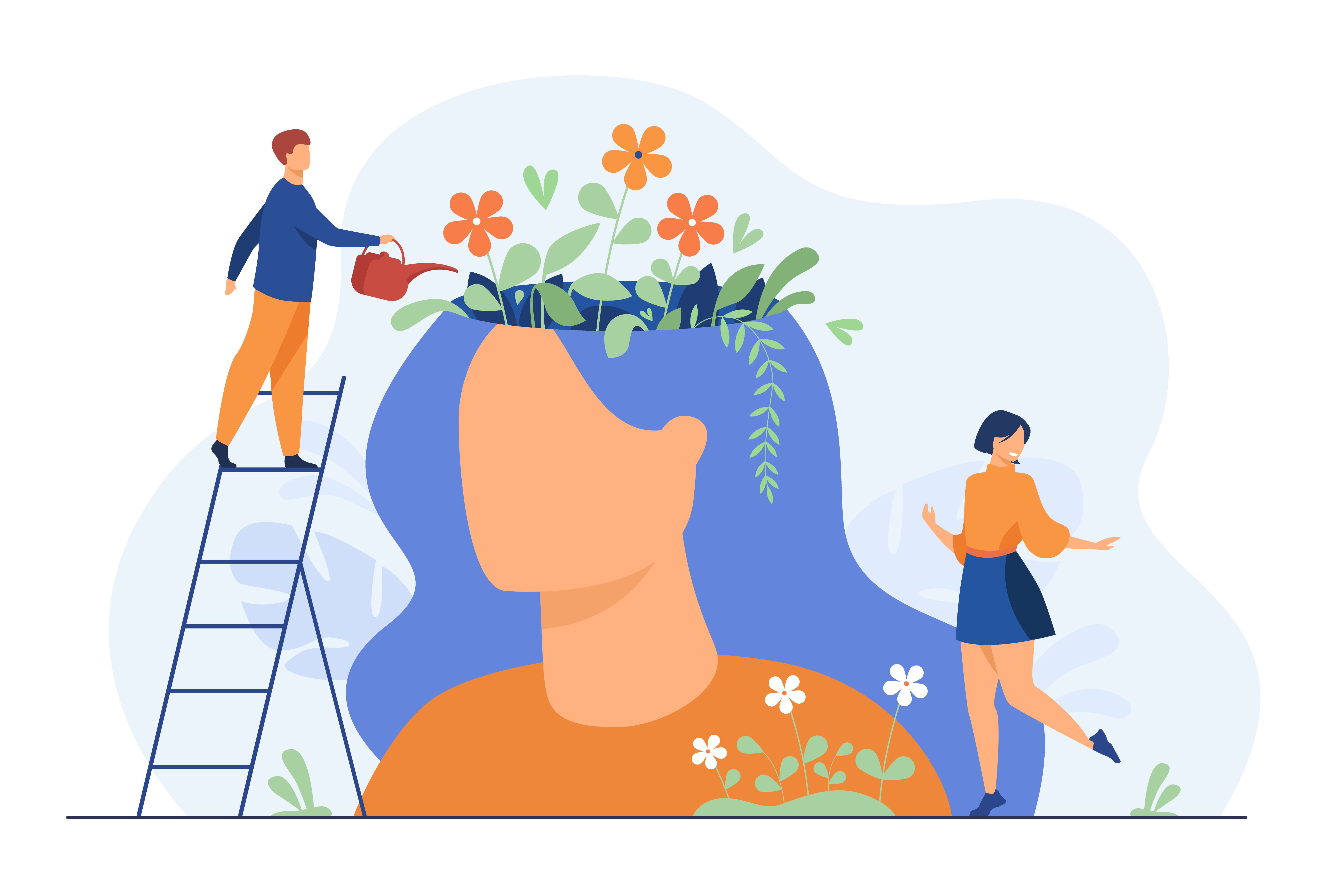 tiny people and beautiful flower garden inside female head, mental health