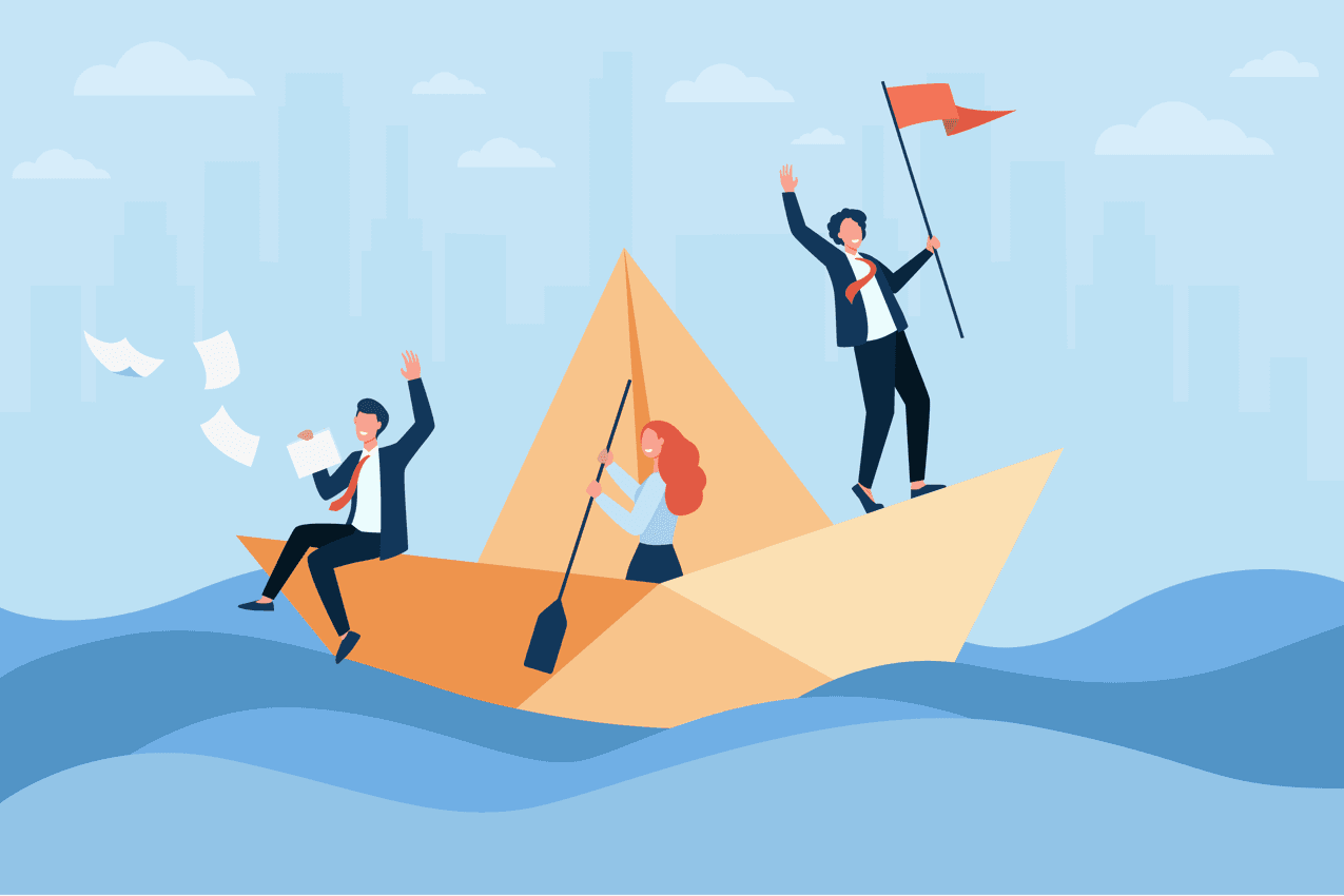 A team is sailing and working together with a leader leading them on their journey to success.  