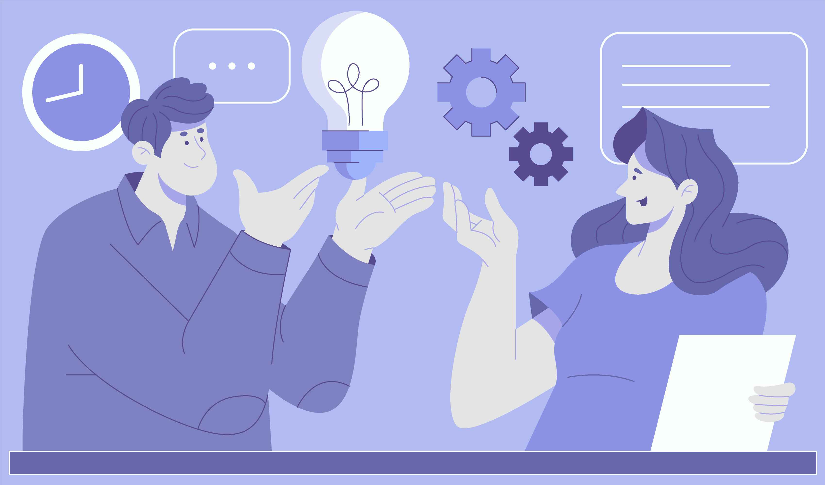 man and woman exchanging ideas at work