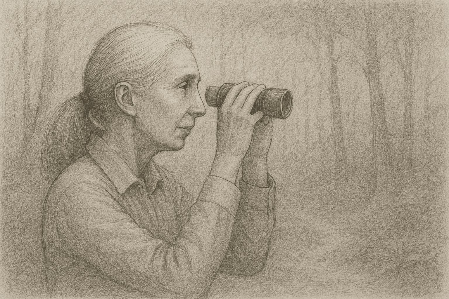 jane goodall looking through binoculars