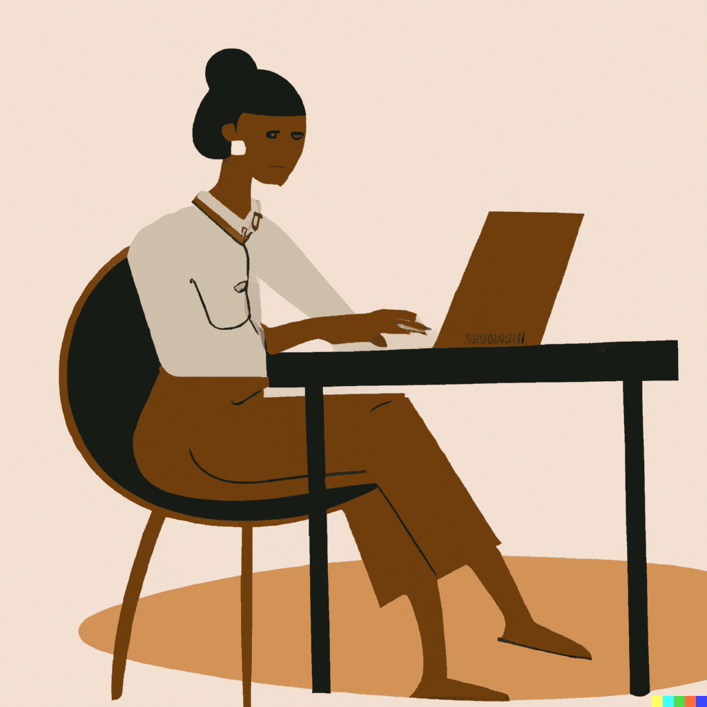 a  professional woman working on her LinkedIn account, with a beige background, digital art