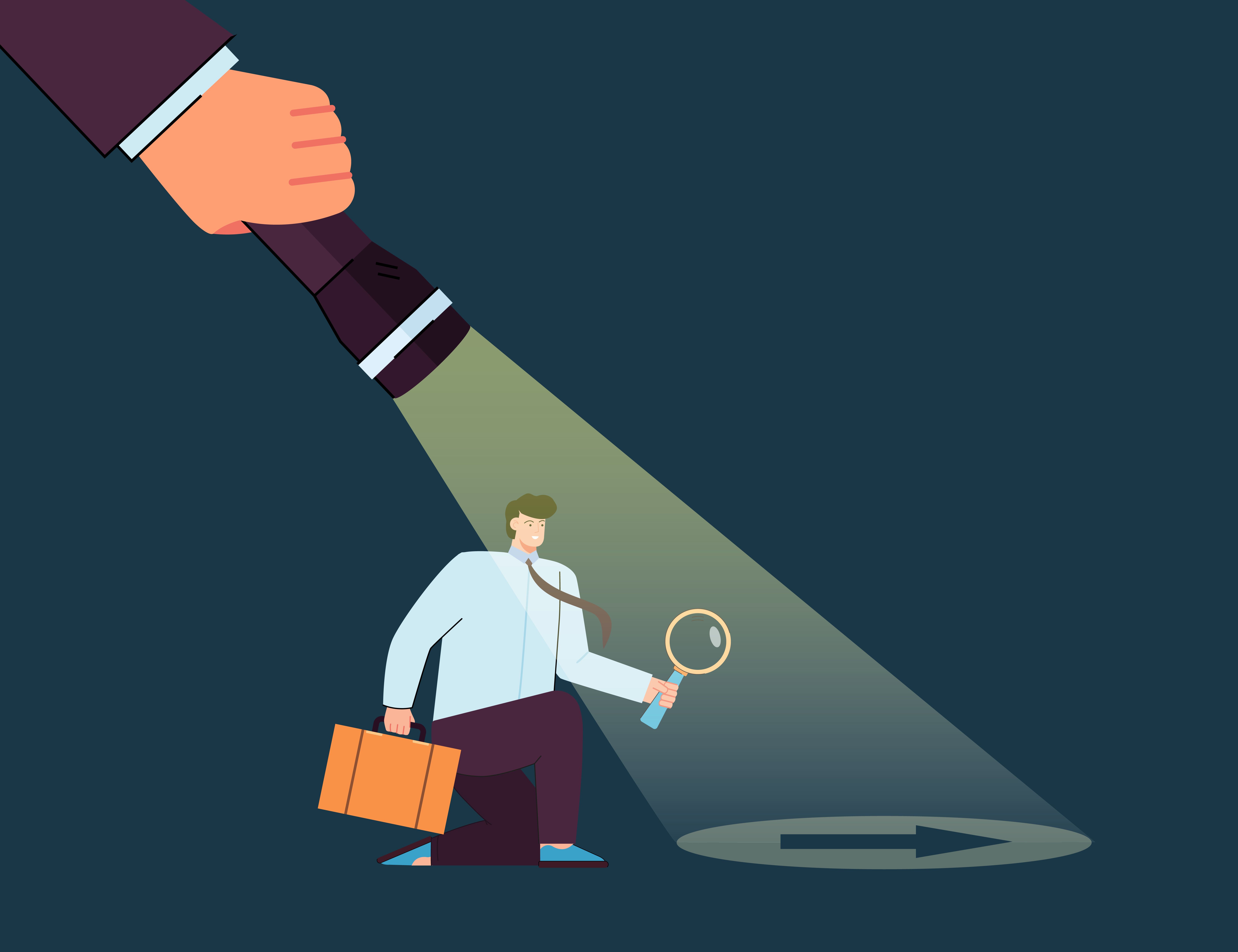 hand with flashlight guiding businessman