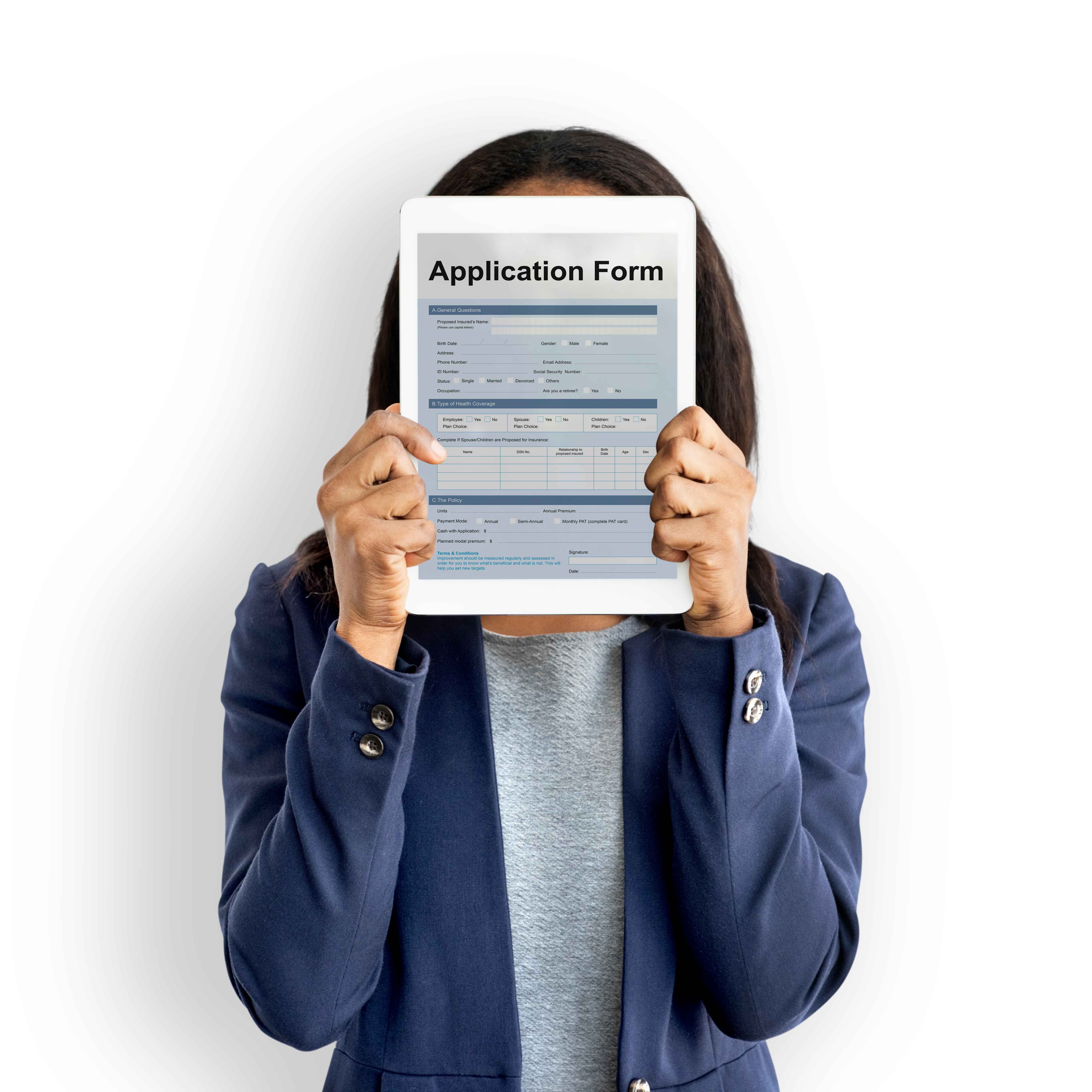 young woman hiding behind a job application form