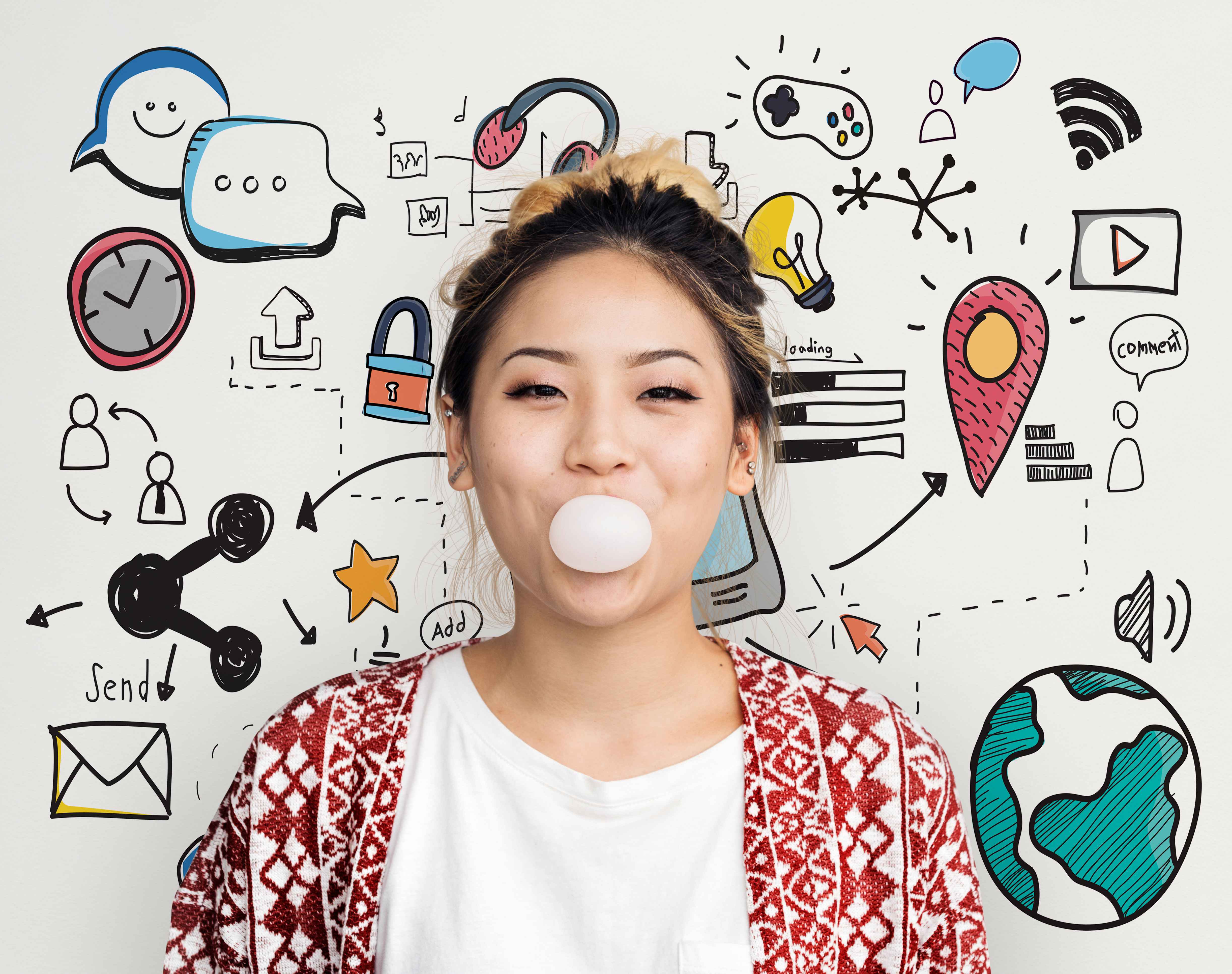 asian young woman blowing bubblegum