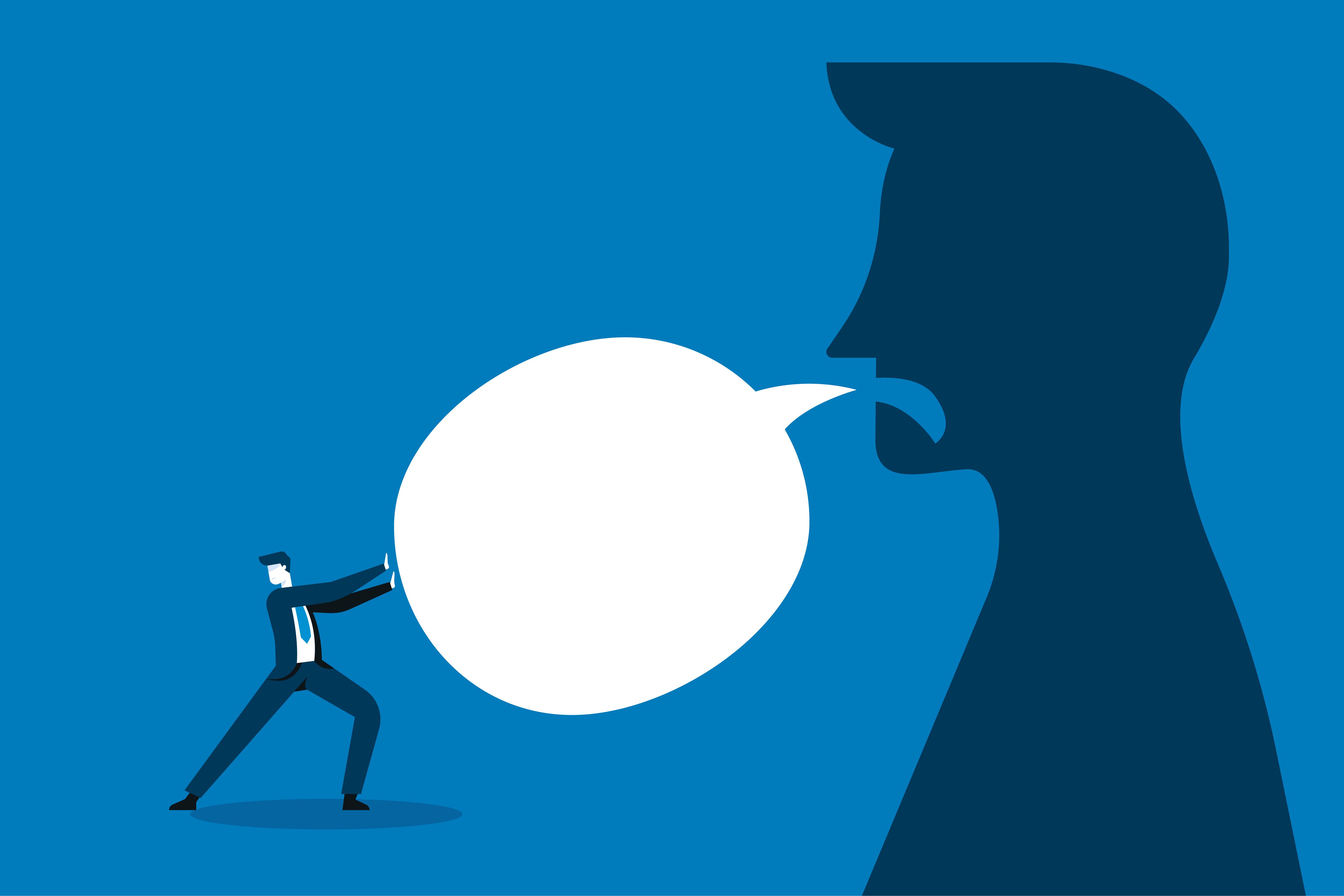 man pushing a chat bubble