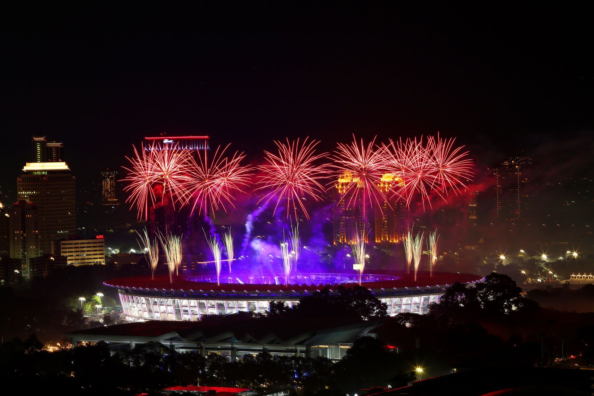fireworks over a stadium in Jakarta