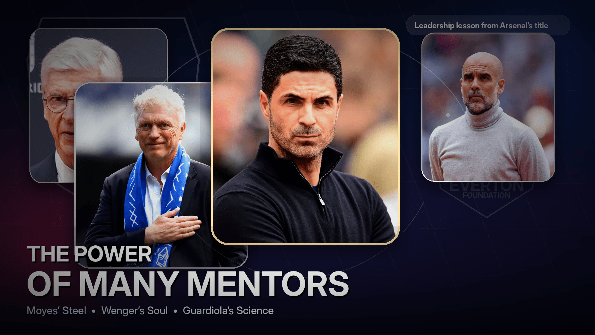 Arteta with Moyes, Pep and Wenger