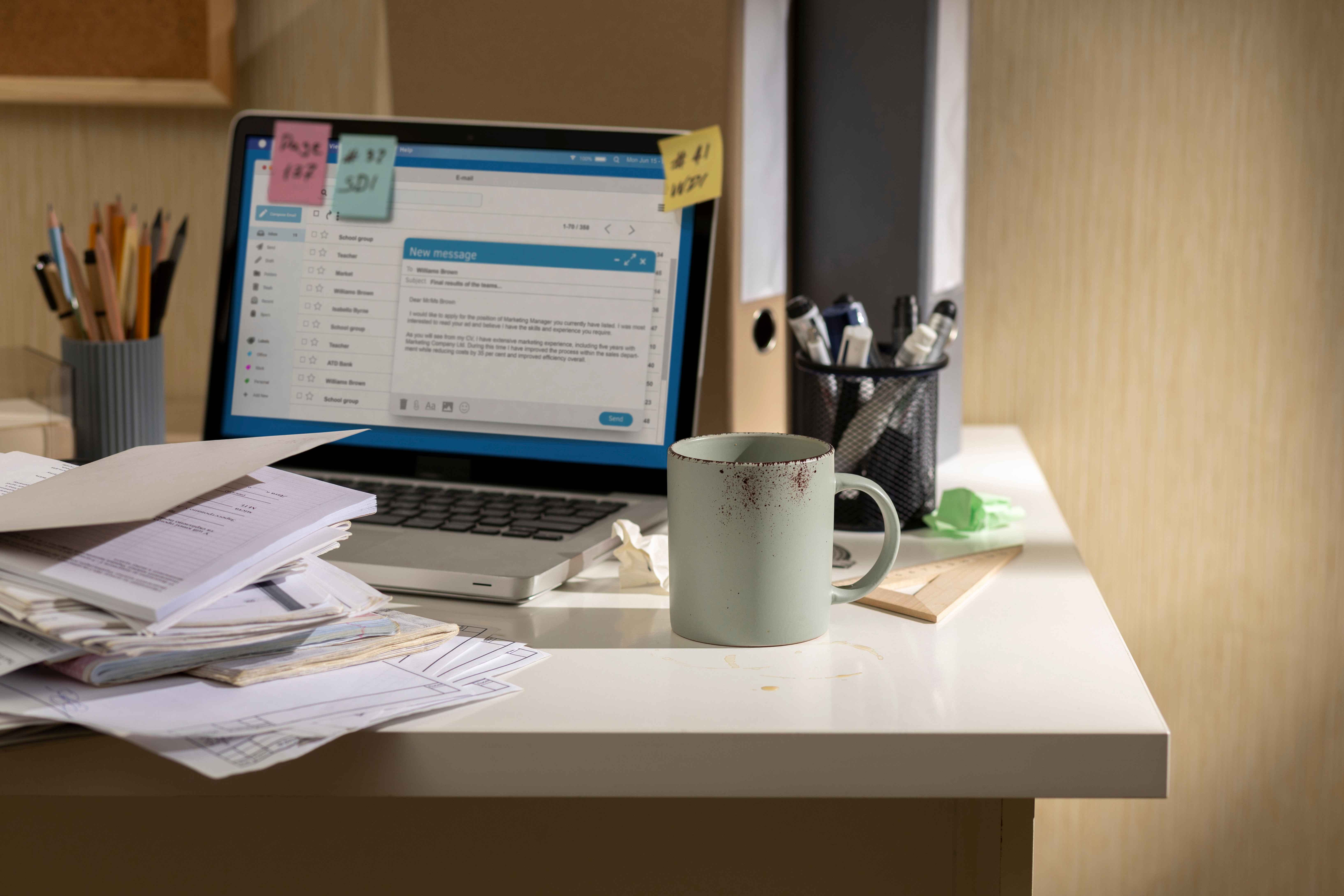 messy table with laptop and documents on it